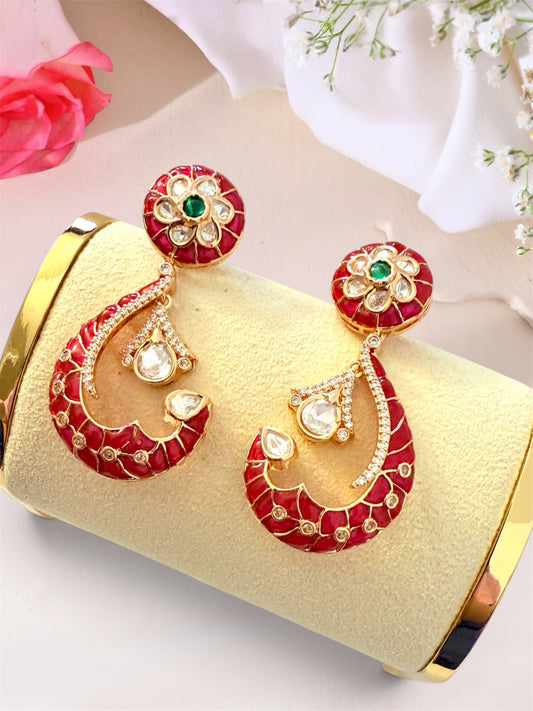 AISHI'S BOUTIQUE COLLECTION crescent drop earrings with red enamel, gold-toned metal, and sparkling white stones.
